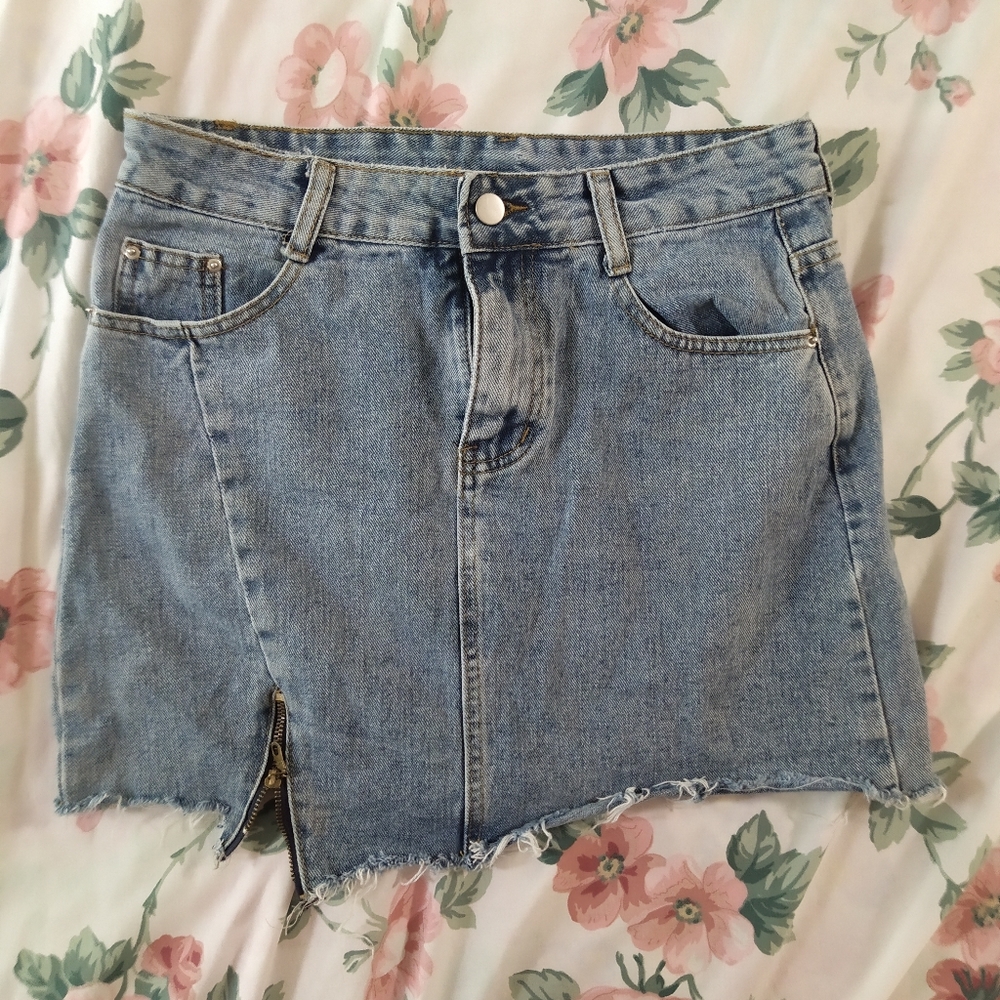 Y2K Vintage Mini Denim Skirt Asymmetrical Hem Distressed